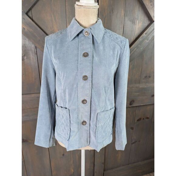 Alfred Dunner Jacket Women's Size 8P Blue Button Front Quilted Trim Corduroy - Picture 1 of 9
